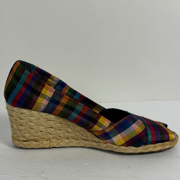 Ralph Lauren Espadrille Wedge Silk Shantung Plaid Peep Toe Sandals Womens Size 9 - Picture 12 of 12